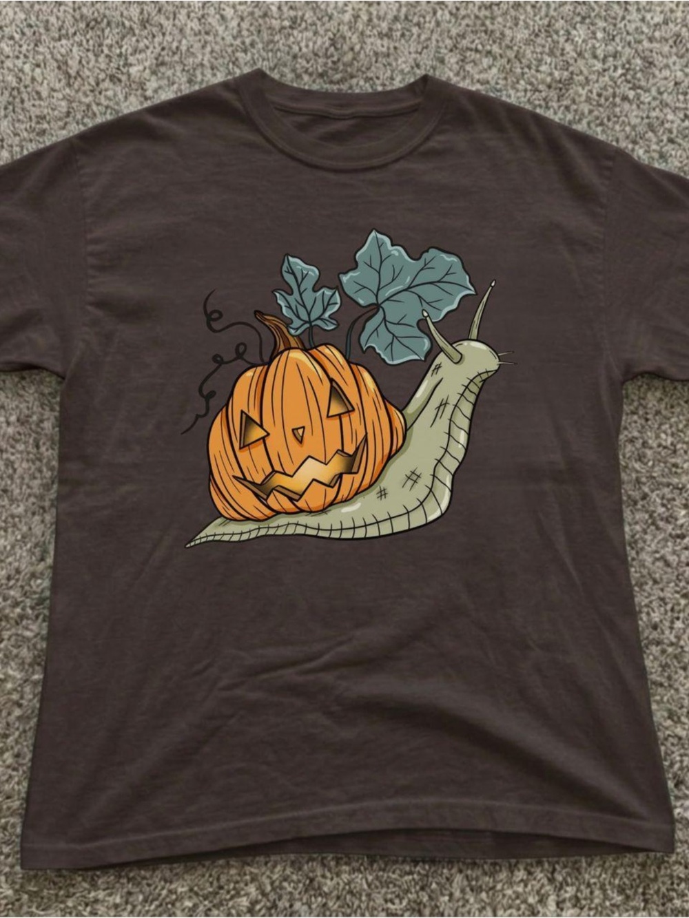 Gildan Brown Tee with Orange Pumpkin and Green Snail Graphic